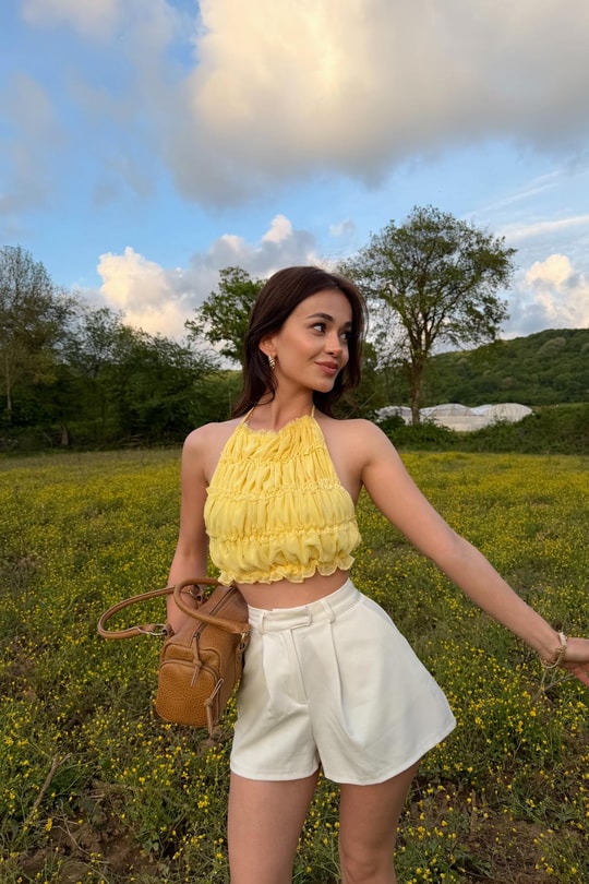 Sırt Dekolteli Straplez Crop Sarı