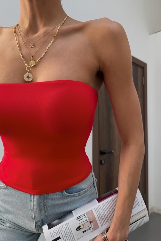 Straplez Poliamid Top Kırmızı