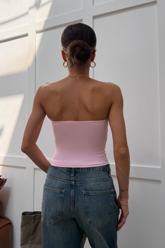 Straplez Poliamid Top Pembe