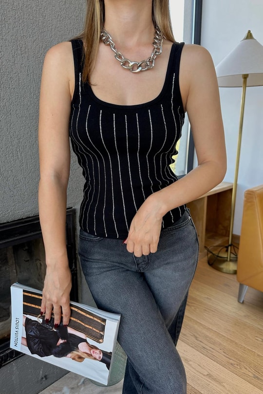 Taş İşleme Fitilli Atlet Siyah