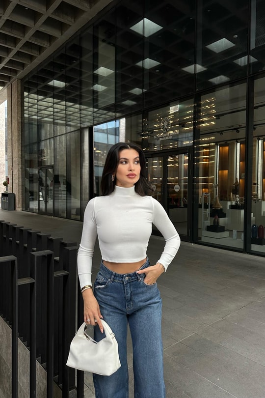 Dik Yaka Crop Fitilli Bluz Ekru