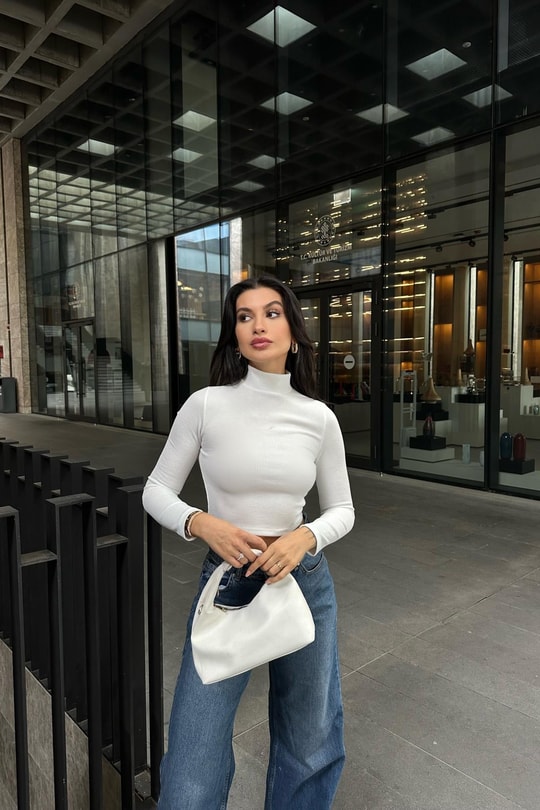 Dik Yaka Crop Fitilli Bluz Ekru