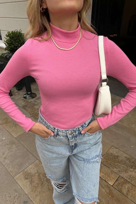 Dik Yaka Crop Fitilli Bluz Şeker Pembe