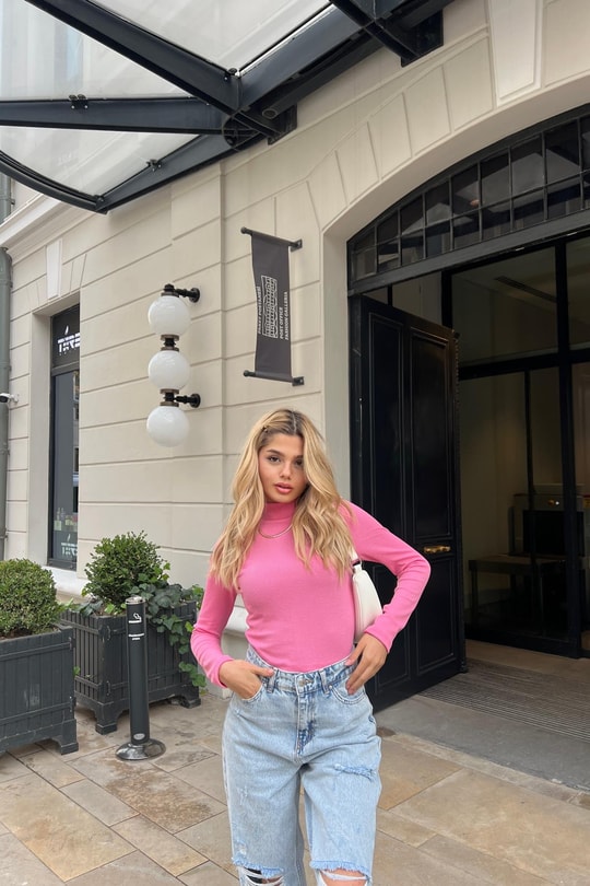 Dik Yaka Crop Fitilli Bluz Şeker Pembe