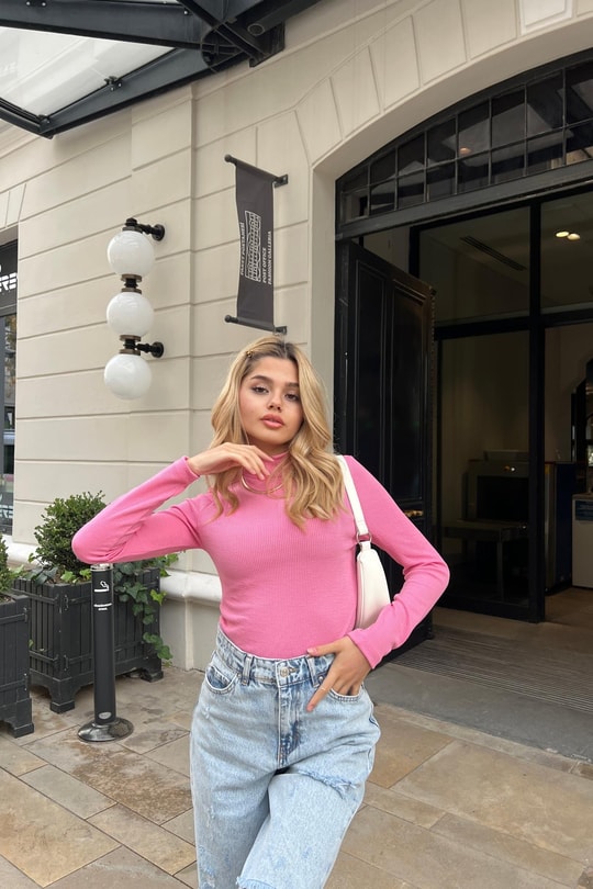 Dik Yaka Crop Fitilli Bluz Şeker Pembe