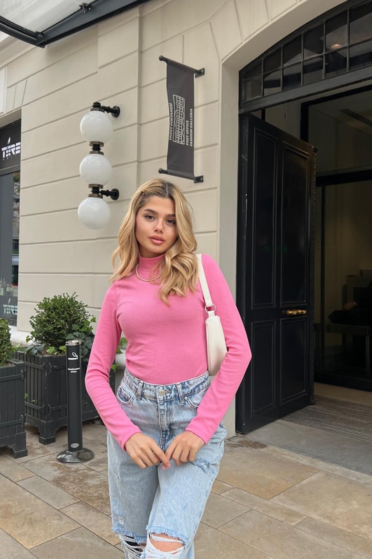 Dik Yaka Crop Fitilli Bluz Şeker Pembe