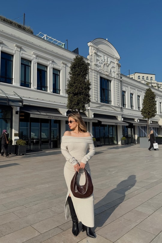 Açık Omuz Drapeli Elbise Bej Melanj