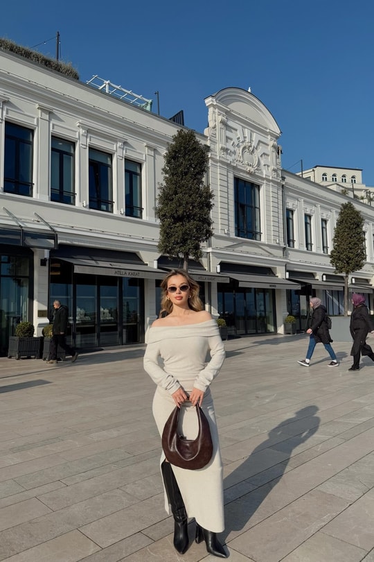 Açık Omuz Drapeli Elbise Bej Melanj