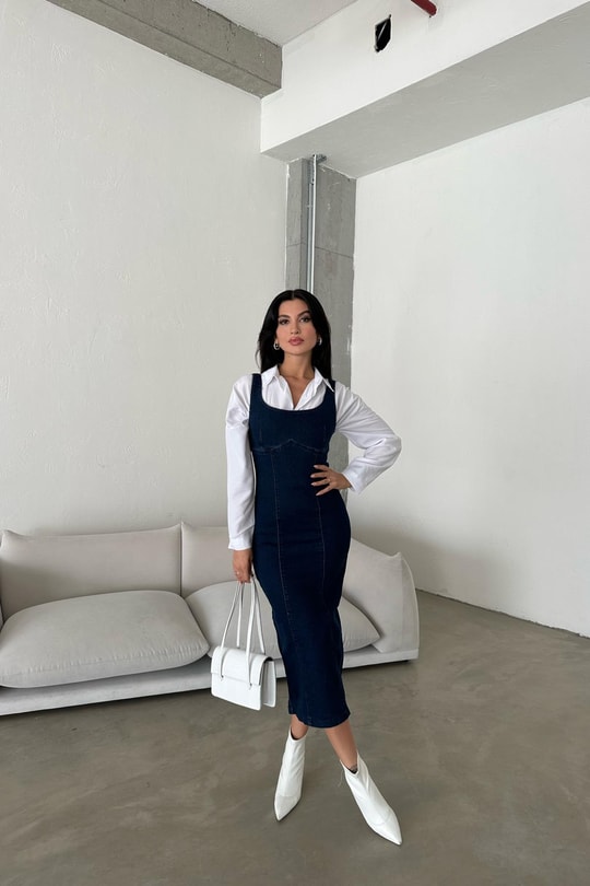 Arka Fermuarlı Denim Elbise Lacivert