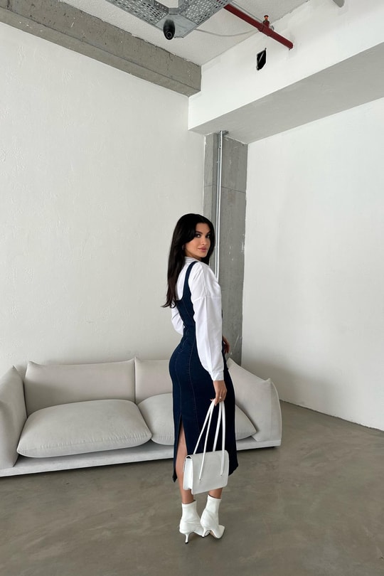 Arka Fermuarlı Denim Elbise Lacivert