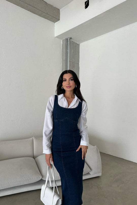 Arka Fermuarlı Denim Elbise Lacivert
