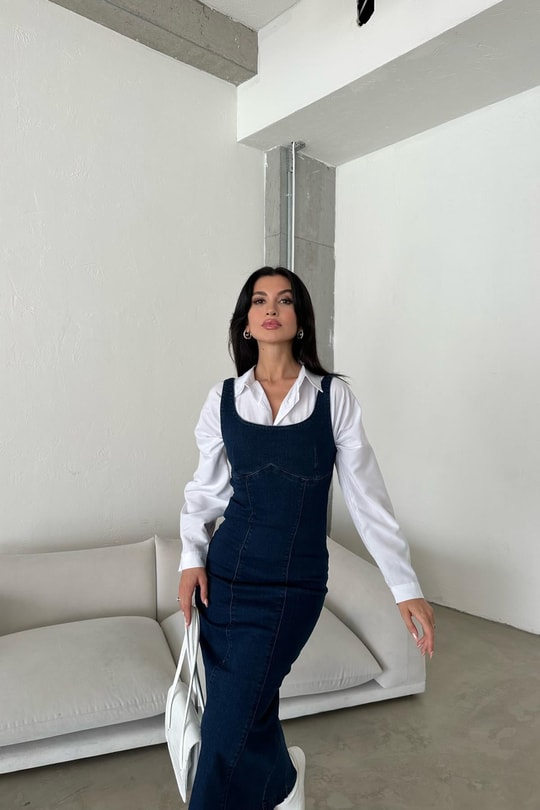 Arka Fermuarlı Denim Elbise Lacivert