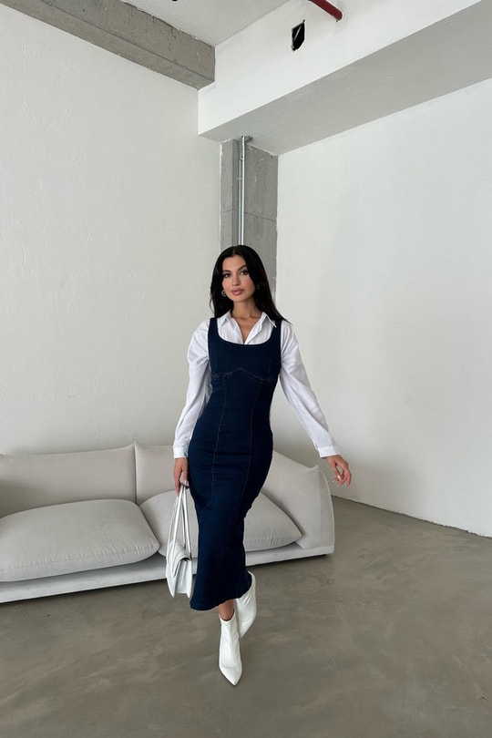 Arka Fermuarlı Denim Elbise Lacivert