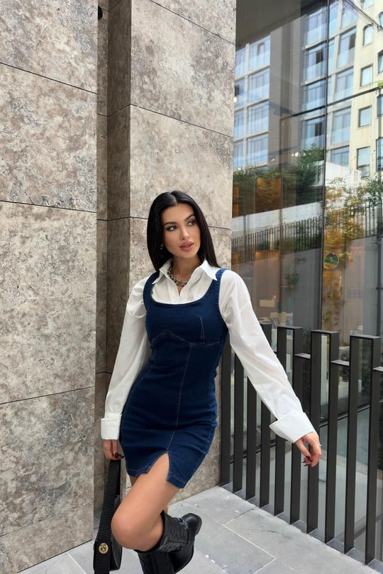 Arkası Fermuarlı Mini Denim Elbise Lacivert
