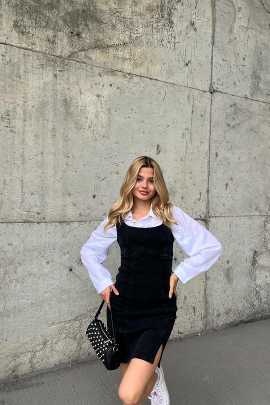 Arkası Fermuarlı Mini Denim Elbise Siyah
