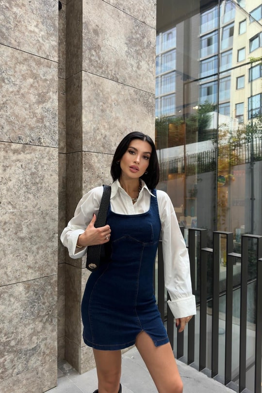 Arkası Fermuarlı Mini Denim Elbise Lacivert