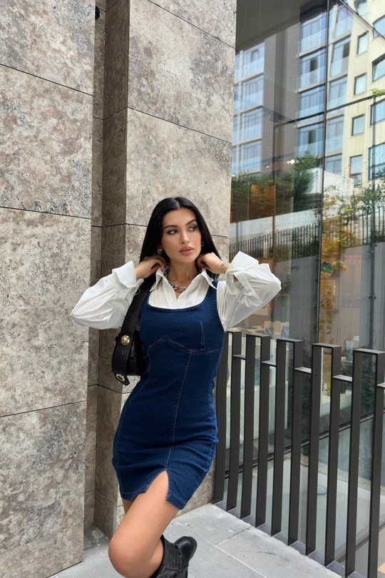 Arkası Fermuarlı Mini Denim Elbise Lacivert