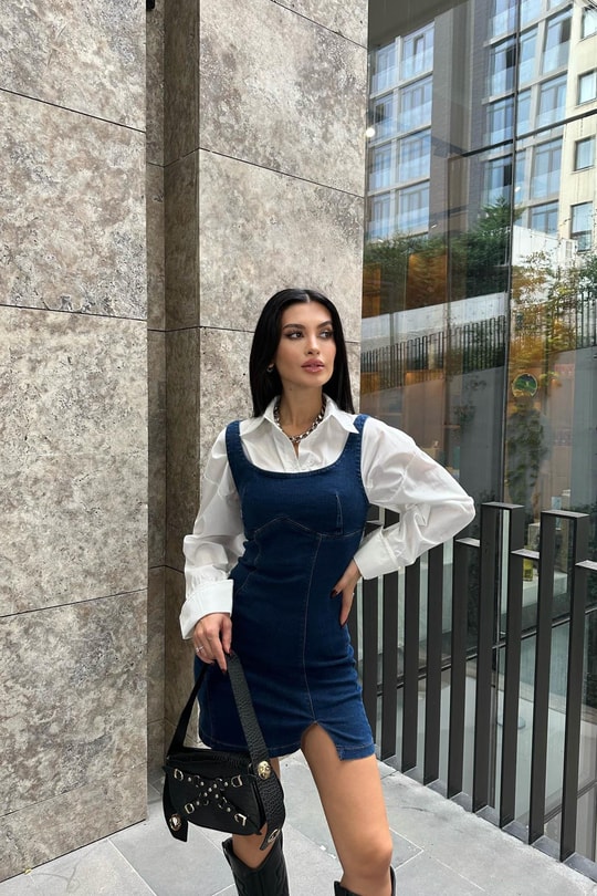 Arkası Fermuarlı Mini Denim Elbise Lacivert