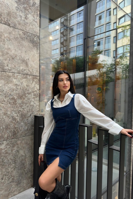 Arkası Fermuarlı Mini Denim Elbise Lacivert