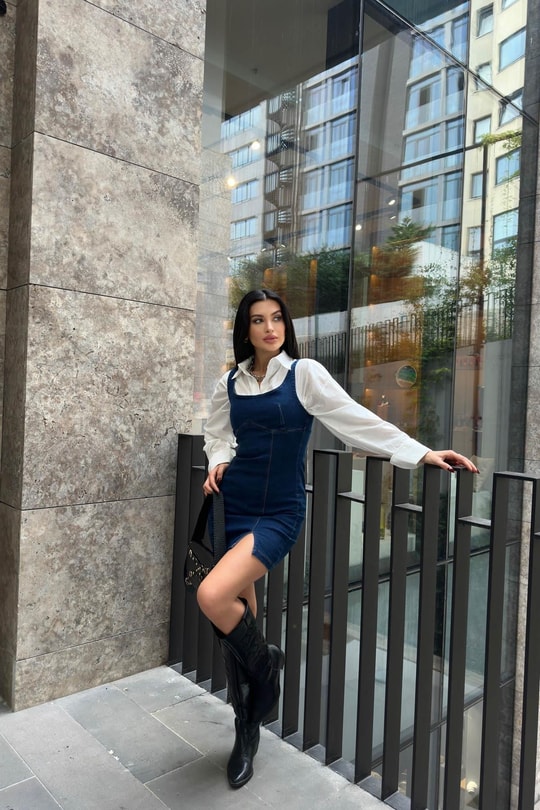 Arkası Fermuarlı Mini Denim Elbise Lacivert