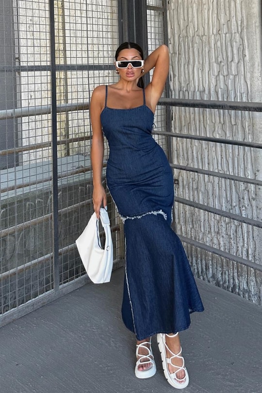 Asimetrik Püskül Denim Elbise Lacivert
