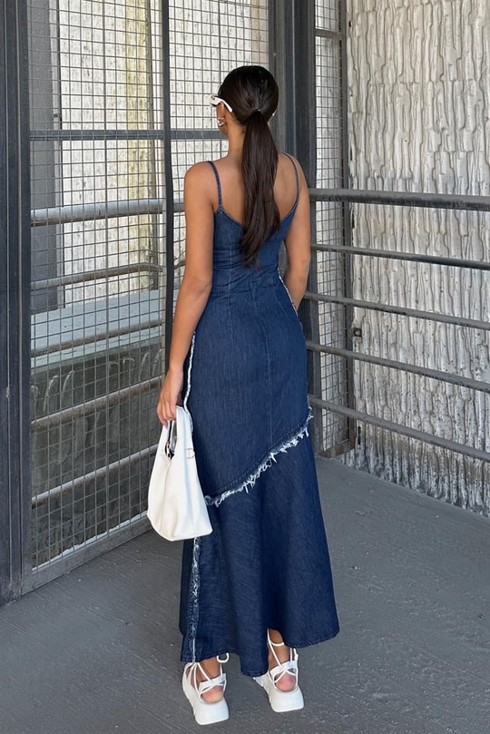 Asimetrik Püskül Denim Elbise Lacivert