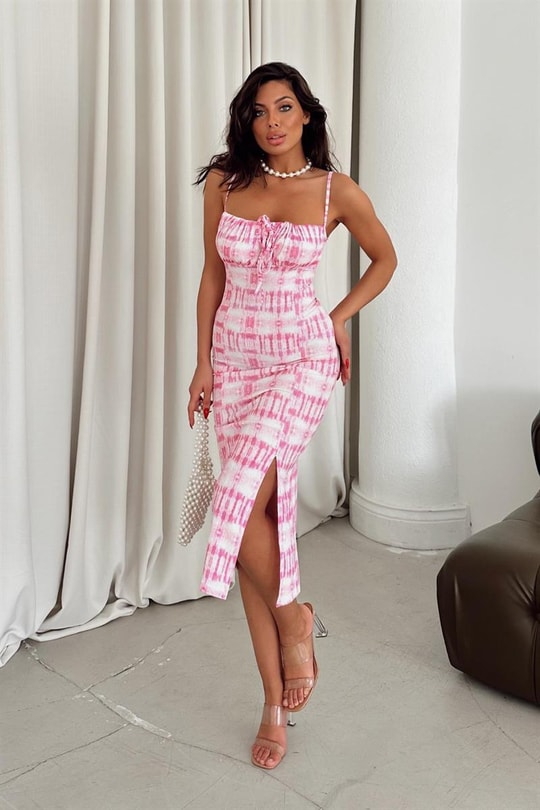 Askılı Çıtır Yırtmaçlı Elbise Pembe