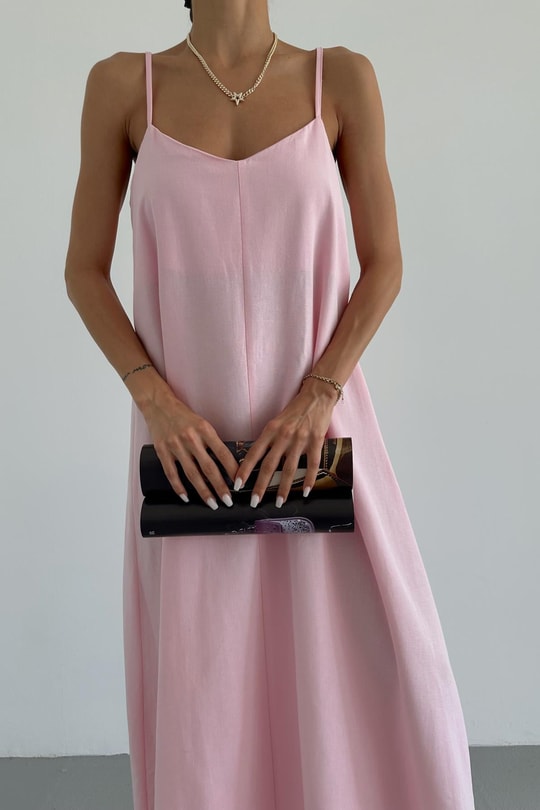 Askılı Keten Elbise Pembe