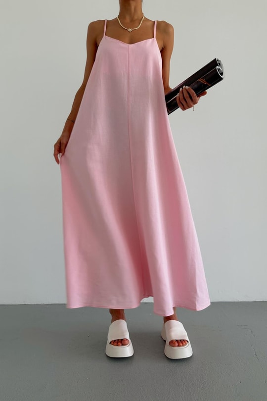 Askılı Keten Elbise Pembe