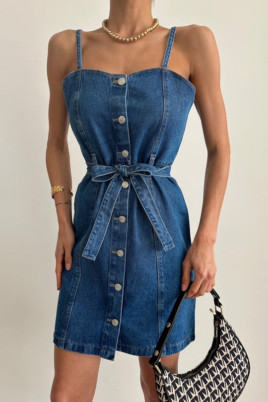 Askılı Mini Denim Elbise Lacivert