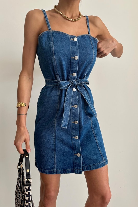 Askılı Mini Denim Elbise Lacivert