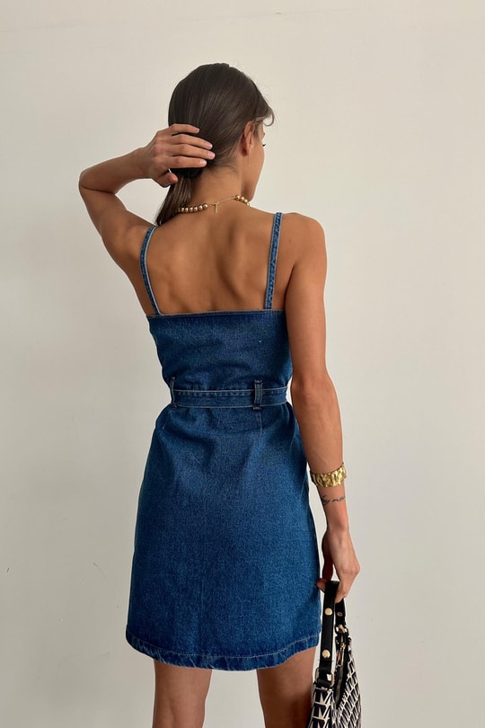 Askılı Mini Denim Elbise Lacivert