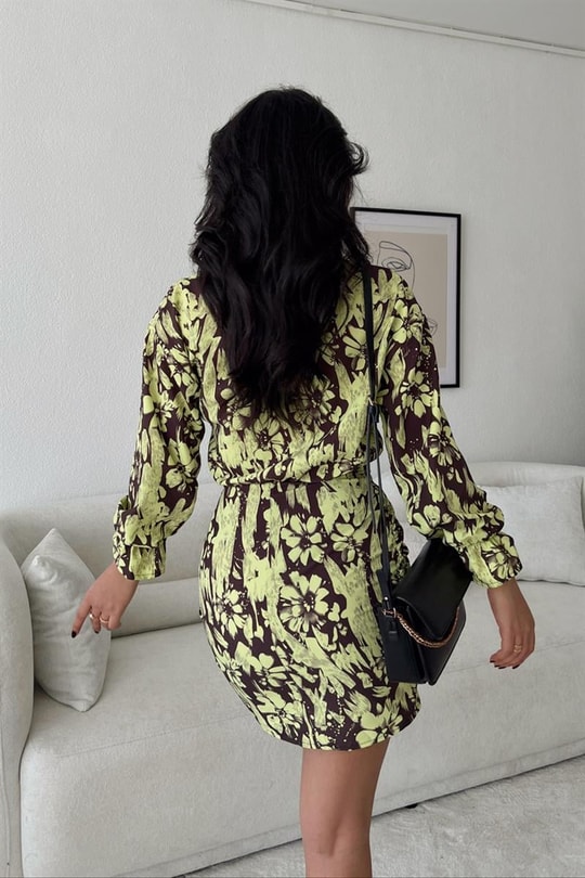 Bahar Çiçeği Desen Drapeli Elbise Neon Sarı