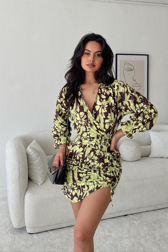 Bahar Çiçeği Desen Drapeli Elbise Neon Sarı