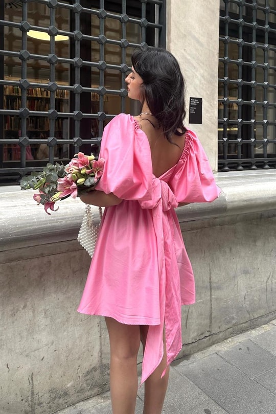 Balon Kol Candy Elbise Pembe