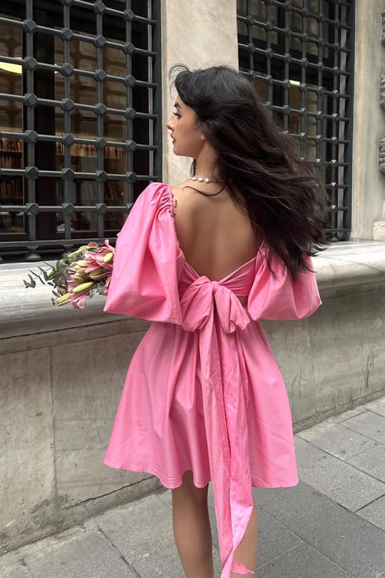 Balon Kol Candy Elbise Pembe