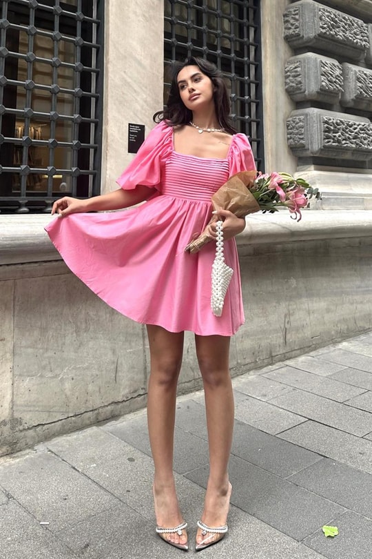 Balon Kol Candy Elbise Pembe