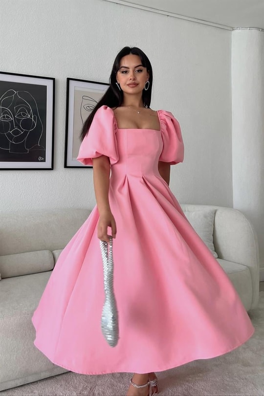 Balon Kollu Prenses Elbise Pembe