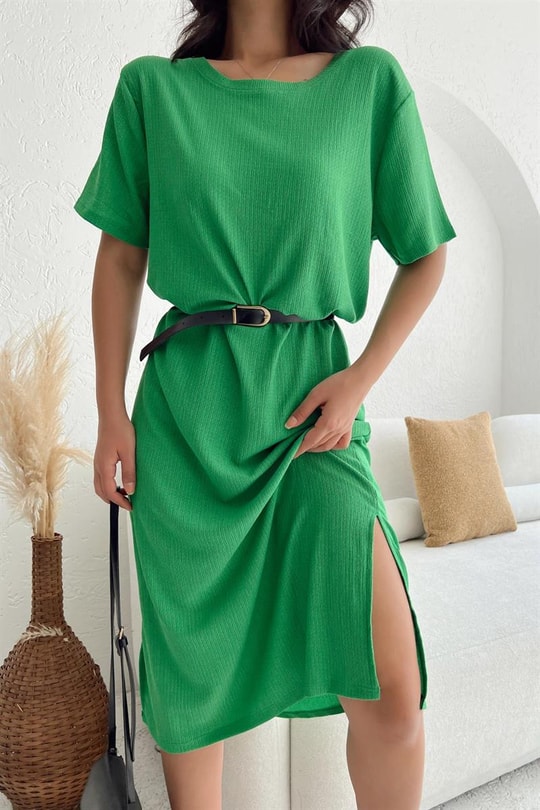 Basic Fitilli Midi Elbise Yeşil