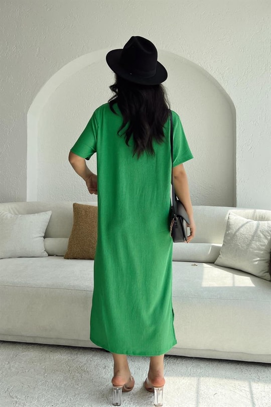 Basic Fitilli Midi Elbise Yeşil