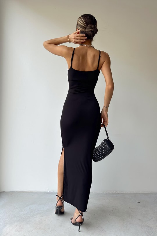 Basic İp Askı Straight Elbise Siyah