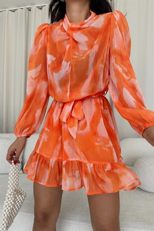 Batik Desen Kuşaklı Elbise Oranj