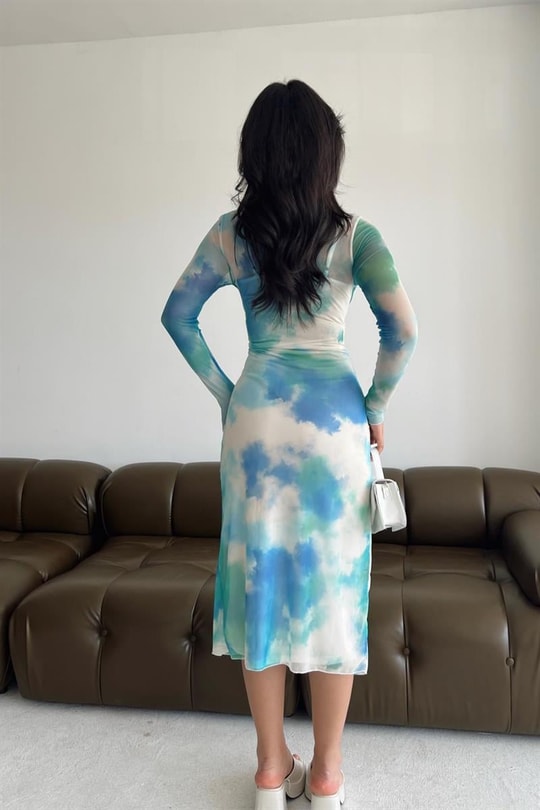 Batik Desen Transparan Elbise Mavi