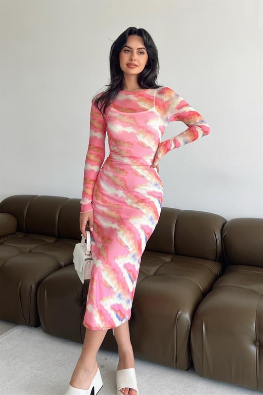 Batik Desen Transparan Elbise Pembe