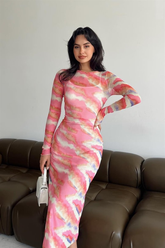 Batik Desen Transparan Elbise Pembe