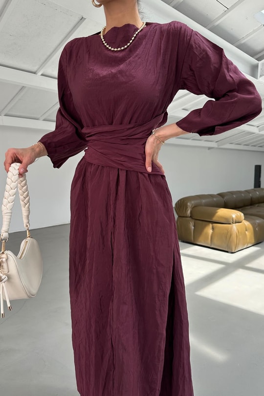 Bel Detaylı Premium Kloş Elbise Bordo