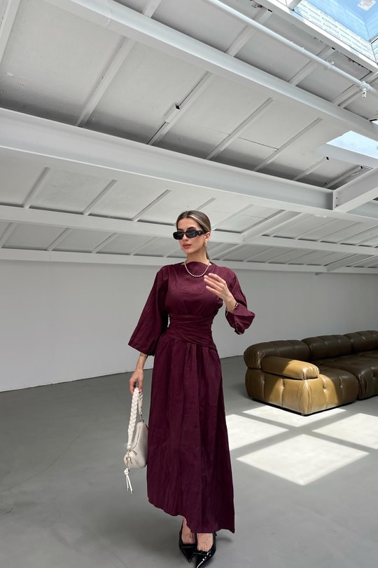 Bel Detaylı Premium Kloş Elbise Bordo