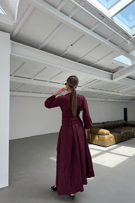 Bel Detaylı Premium Kloş Elbise Bordo