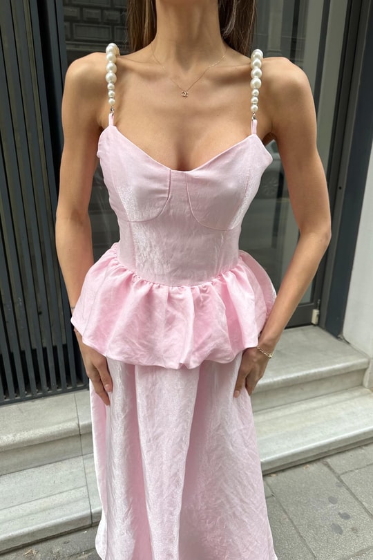 Beli Büzgülü İnce Askılı Uzun Elbise Pembe