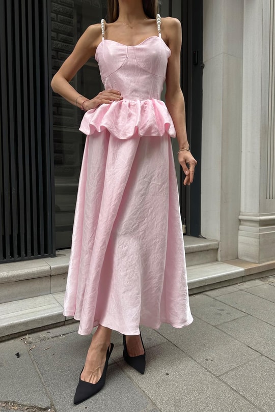 Beli Büzgülü İnce Askılı Uzun Elbise Pembe